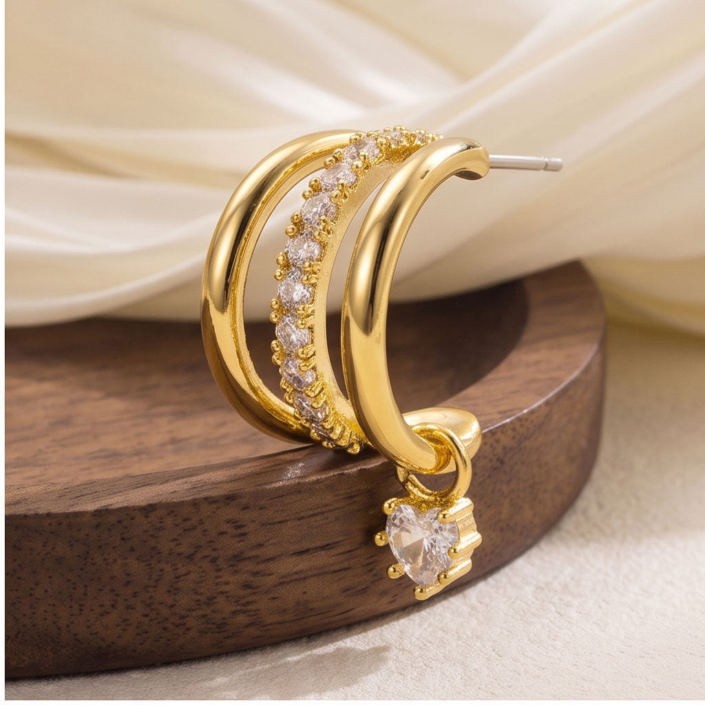 Three Layer C Hoop Earrings with Dual Charms S925 Silver Earrings, Luxury Multi-hoop Heart & Teardrop Diamond Earrings