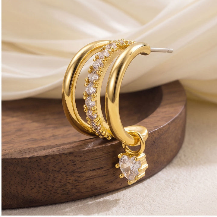 Three Layer C Hoop Earrings with Dual Charms S925 Silver Earrings, Luxury Multi-hoop Heart & Teardrop Diamond Earrings