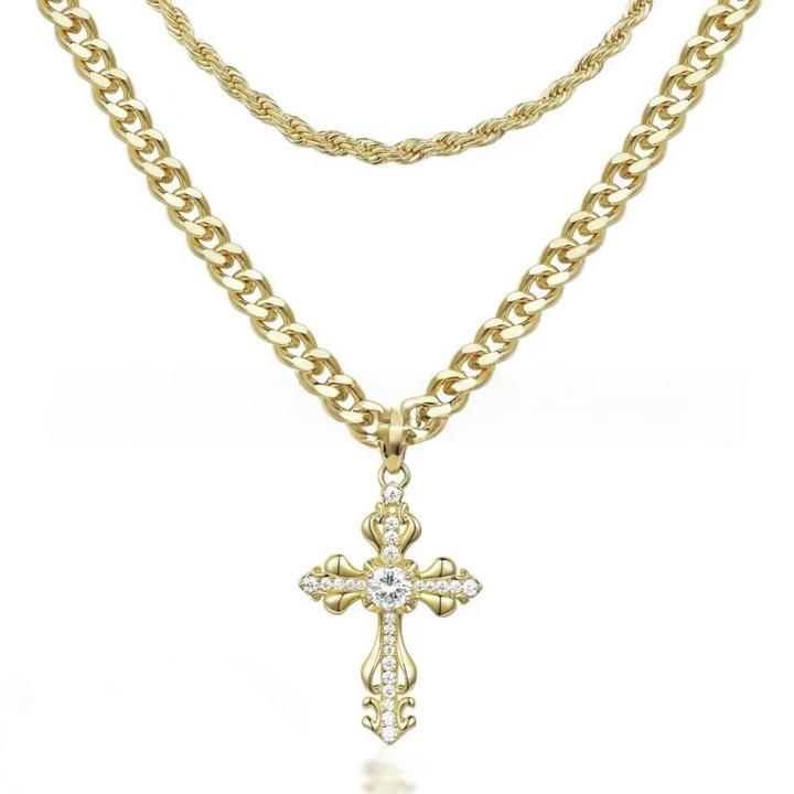 Vintage diamond Cross Layered Necklace (Hip-Hop Gold Tone Chain Set)