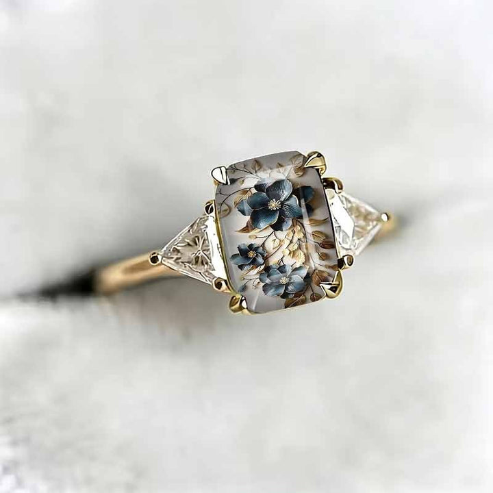 Rectangle‑Shape Blue Floral Printed Ring, Two‑Tone Options