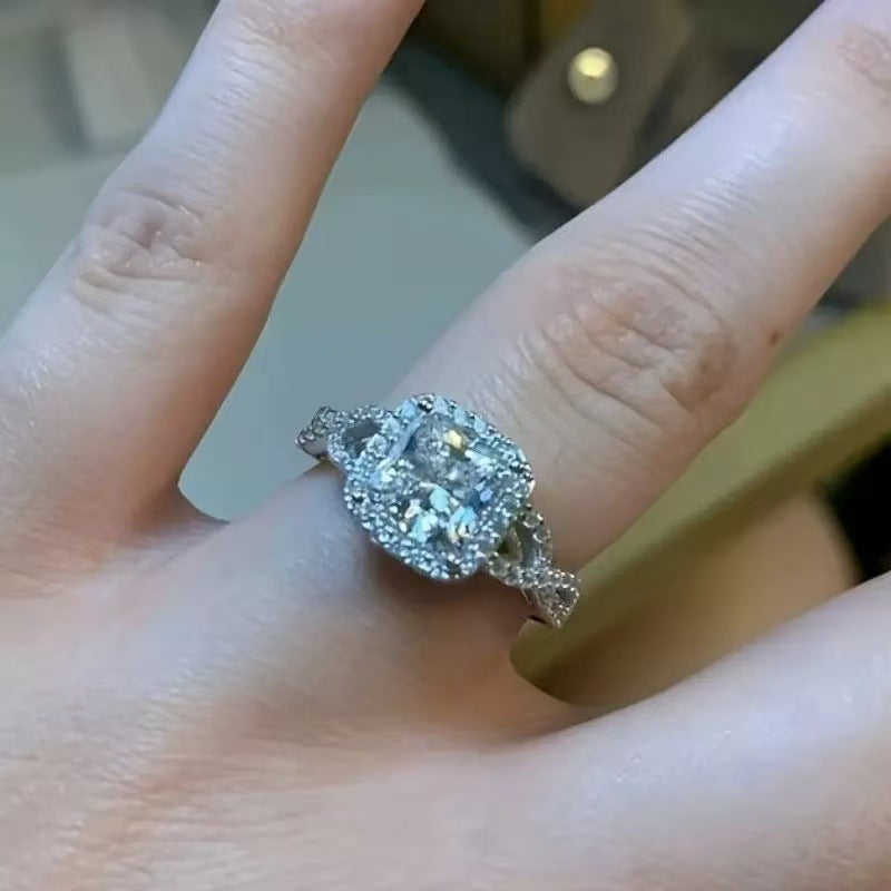 Square Center Diamond Halo Paved Ring, Luxury Twisted Split Shank Engagement Promise Ring for Women