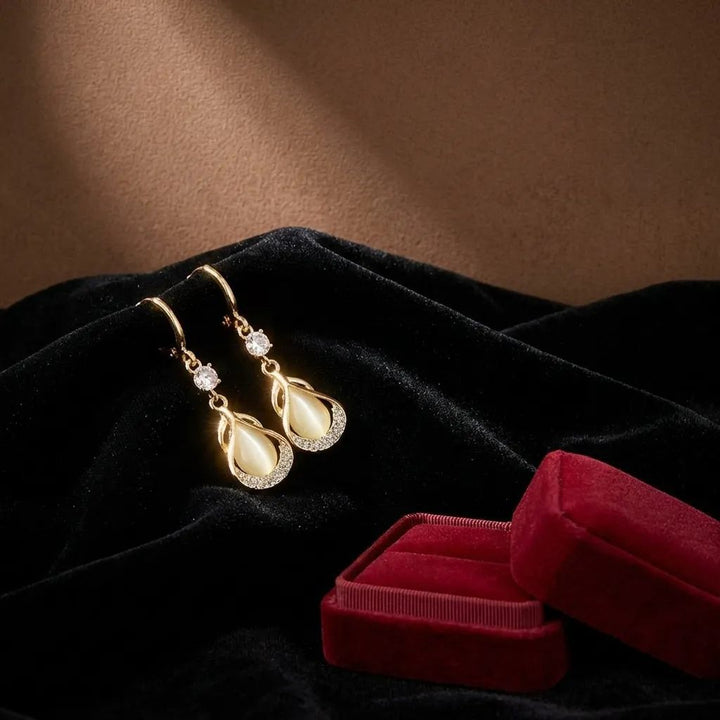 Hollow Waterdrop Gem Hoop Earrings, Luxury Teardrop Gem Dangle Earrings, 3 Colors For Women