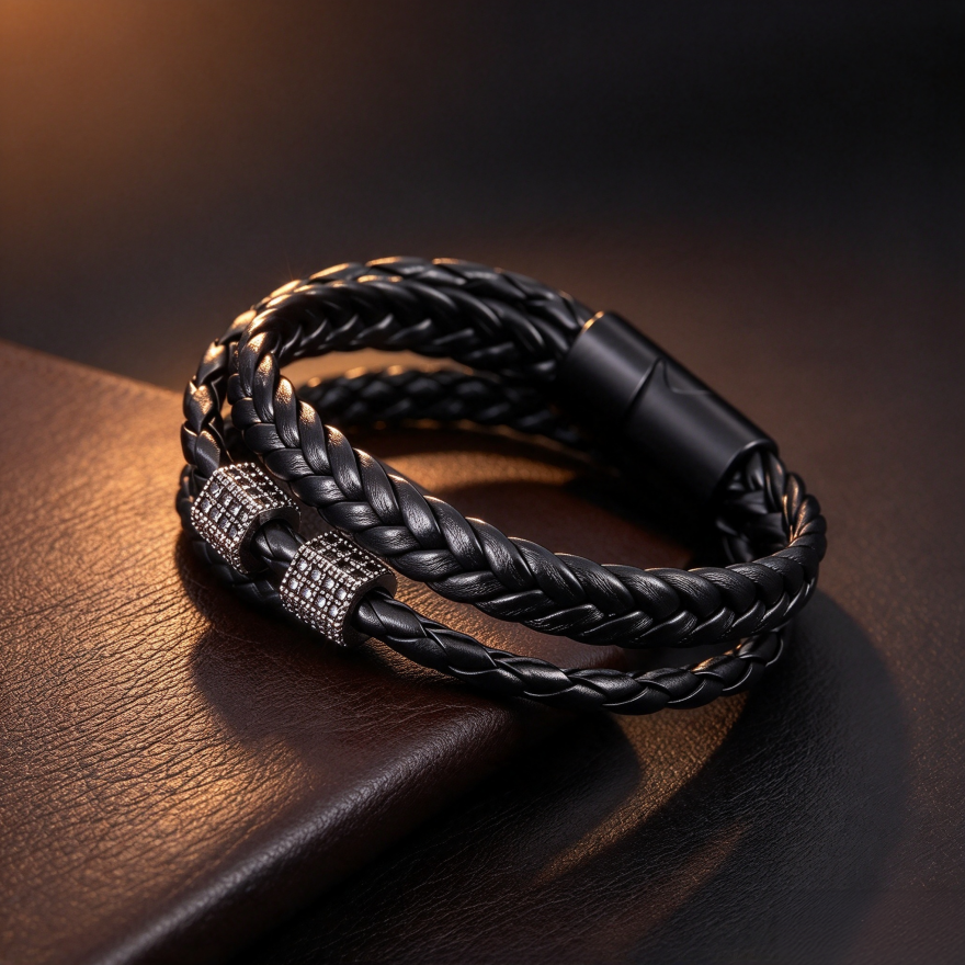 Double Layer Braided Leather Men's Bracelet, Magnetic Clasp Wrist Jewelry with Rhinestone Tube Beads