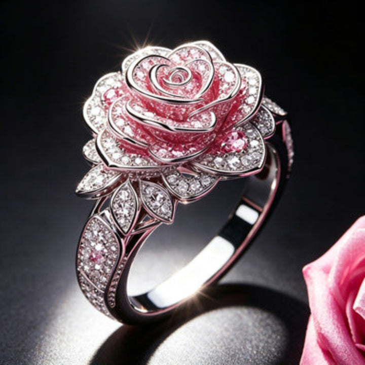 3D Pink‑Rose Pave‑Set Flower Ring