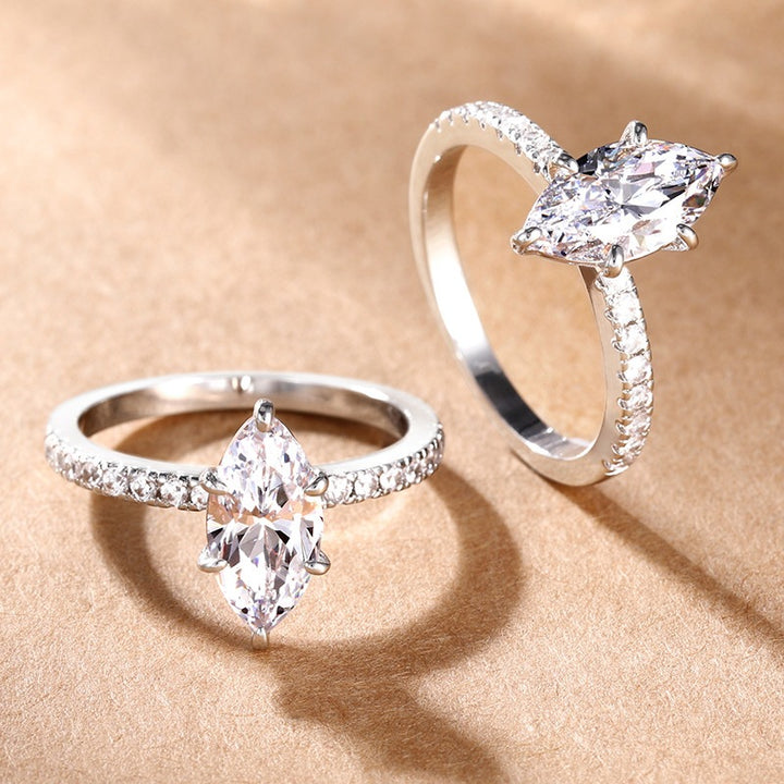 Marquise Cut Six-Prong Paved Thin Shank Ring, Gold & Silver Elegant Engagement Band for Women