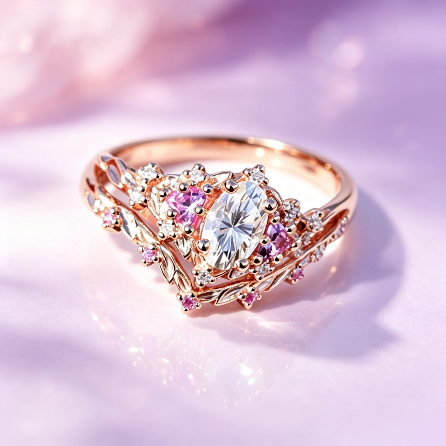 Rose‑Gold‑Tone Oval‑Center Stone Floral‑Leaf Multi‑Stone Ring Set