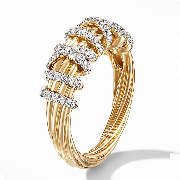 Two-Tone Intertwined Twist Multi-Layer Diamond Ring, Luxury Two-Tone Woven Line Wide Statement Band