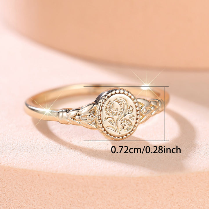 Vintage Engraved Floral Oval‑Plate 14K Gold Thin Band Ring