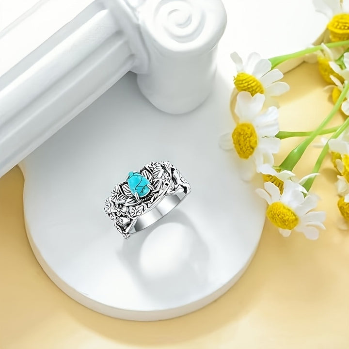 Antiqued Lotus & Koi Turquoise Wide Ring, S925 Silver Oriental Pond Style Carved Band For Women