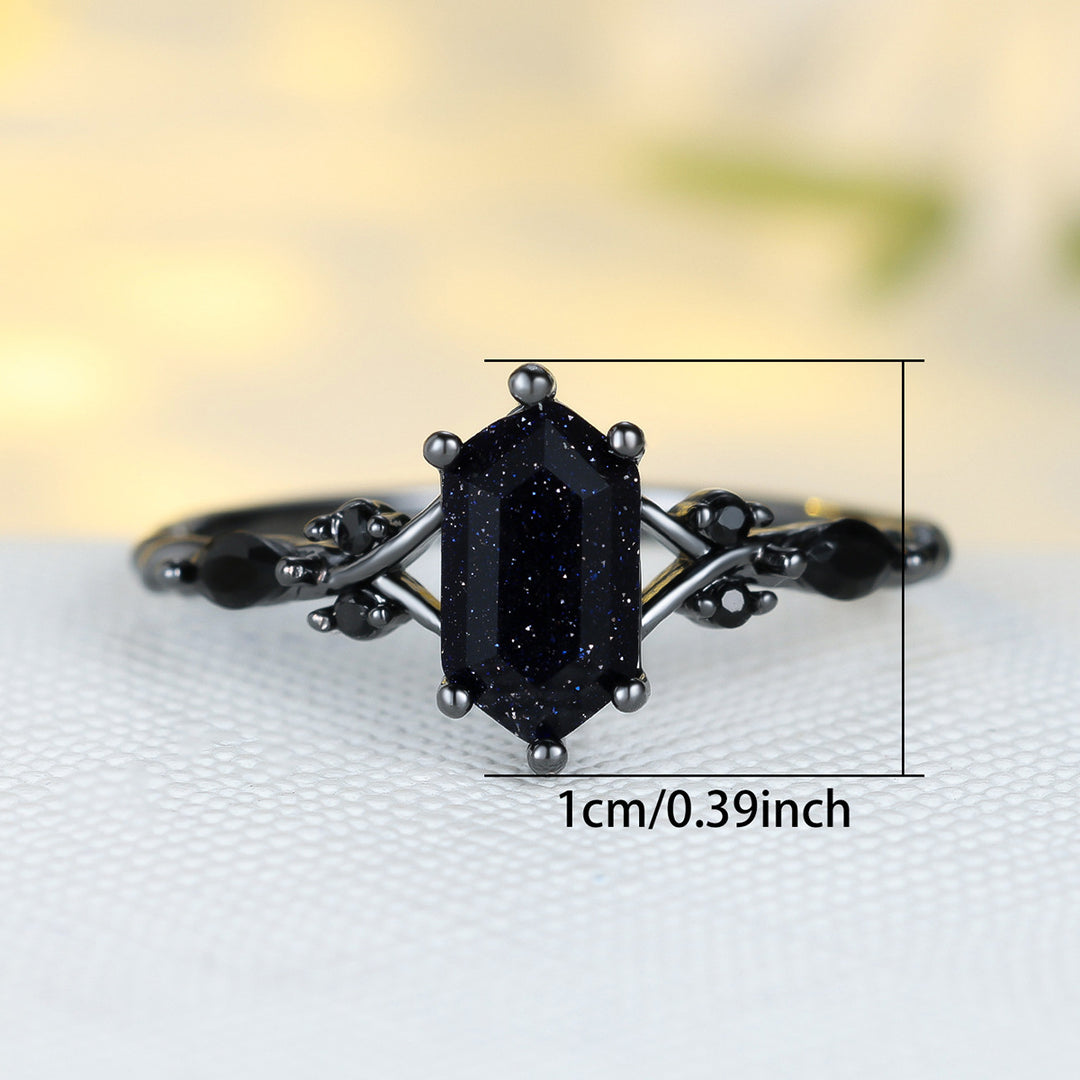 Black Gold Blue Sandstone Vine Ring (Gothic Edgy Statement Band)