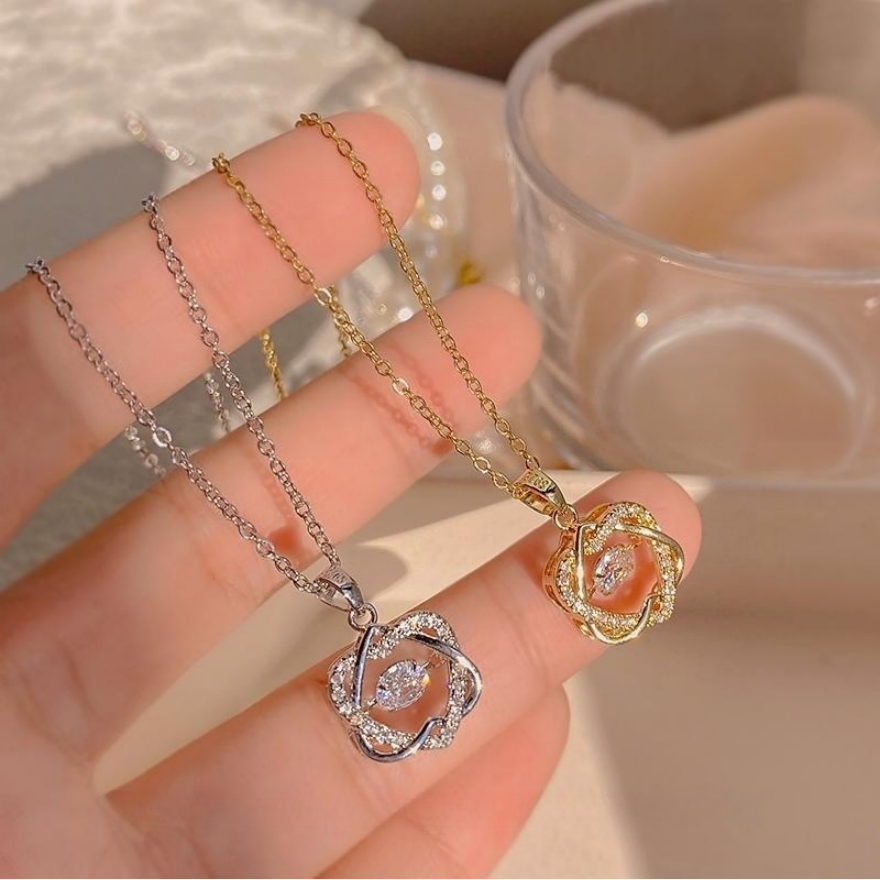 Rotatable Four-Leaf Clover Diamond Necklace, Gold & Silver 2 Colors, Dainty Choker