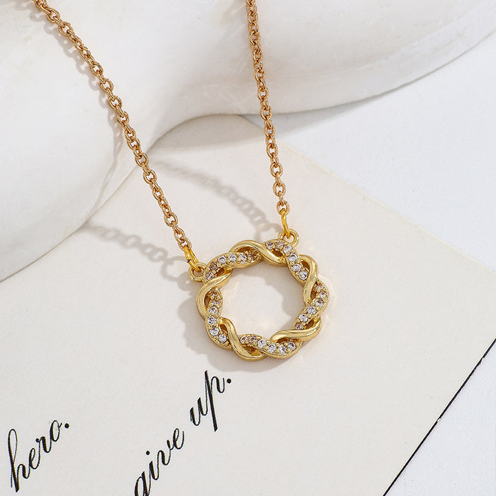 Twisted Rope Pave Diamond Circle Collarbone Necklace, 2 Colors Gold & Silver Minimal Hollow Wreath Jewelry