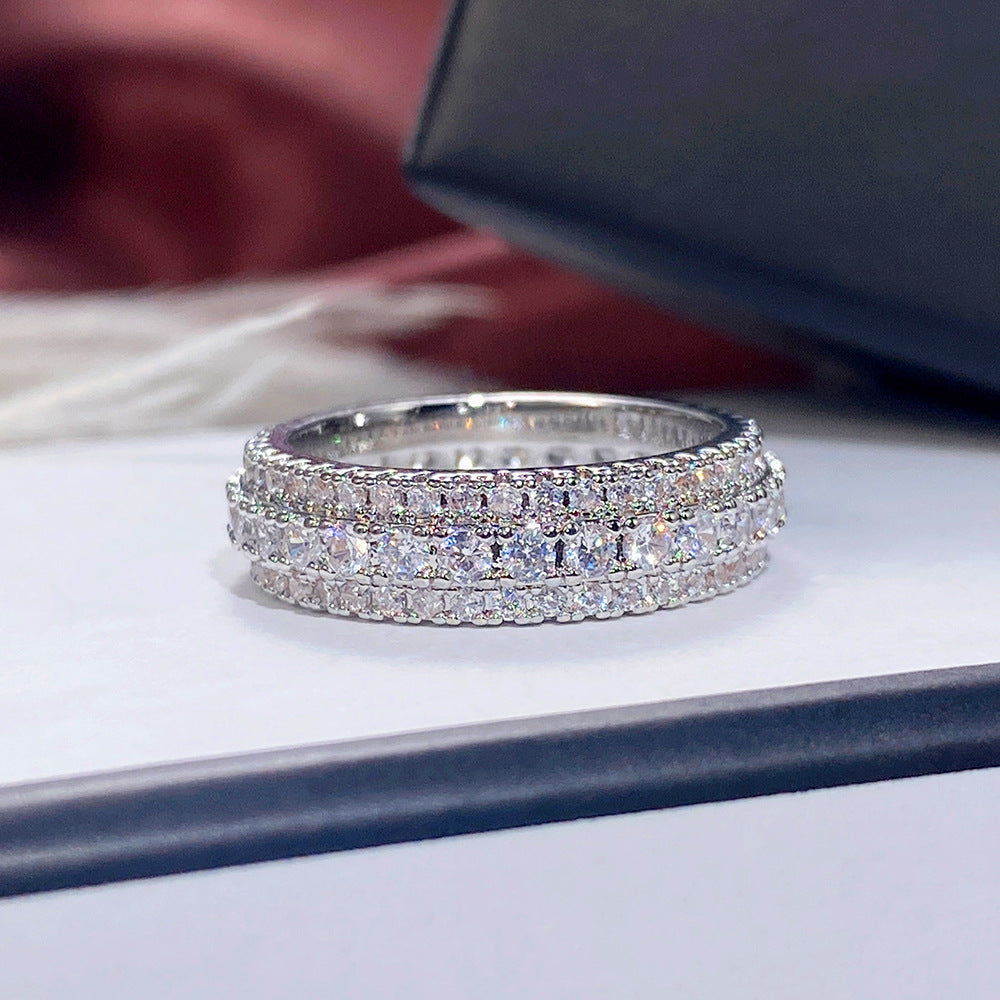 Three‑Row Full‑Paved S925 Silver Band Ring, Vintage Milgrain Eternity Ring With Full‑Circle Diamonds, Gold / Silver / Rose‑Gold Three‑Tone