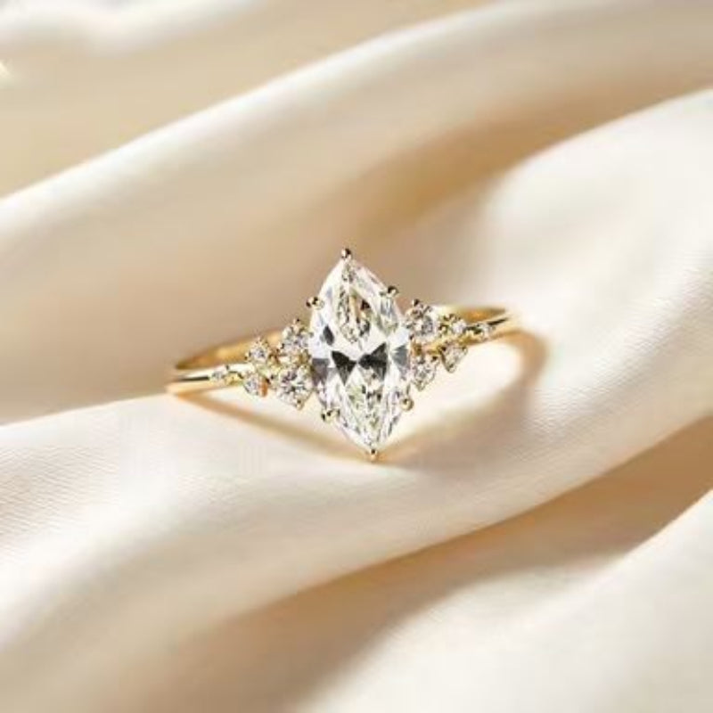 S925 Silver Marquise‑Cut Diamond Thin Ring, Minimalist Accent‑Stone Engagement Ring for Women