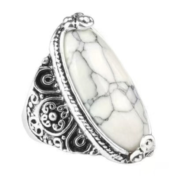Ethnic Oval Veined Stone Antiqued Wide Ring, Solid S925 Silver 3-Color Turquoise Pattern Band