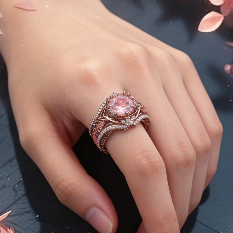 Rose Gold Lotus Pink Diamond Hollow Ring, S925 Silver Vintage Floral Luxury Women Ring