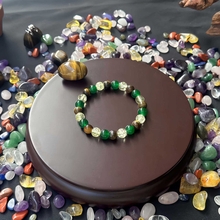 Wealth Triple Natural Crystal Bracelet, Tiger Eye Jade Rutilated Quartz Prosperity Bead
