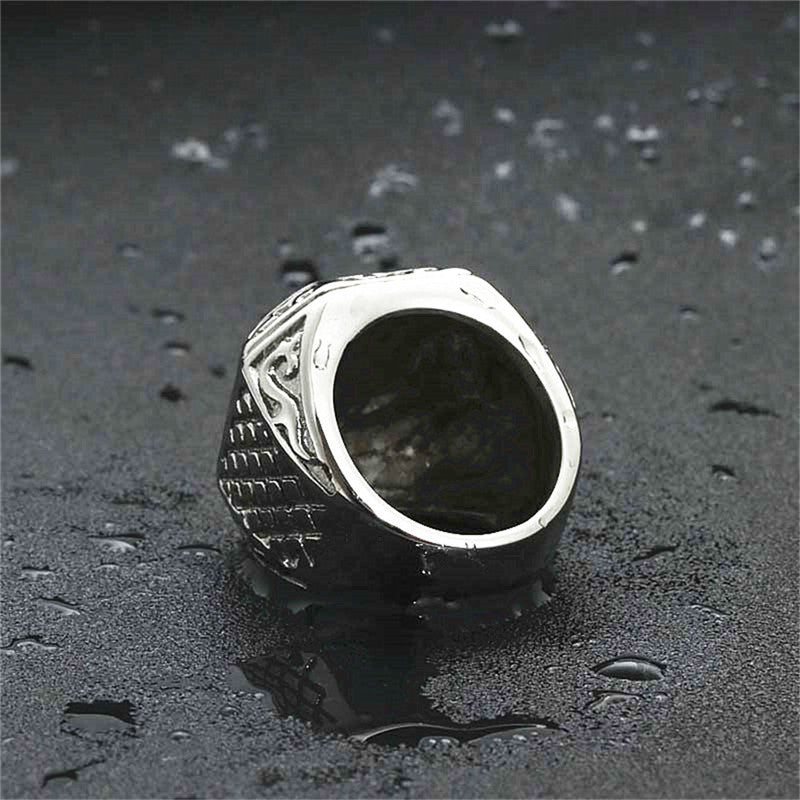 Vintage Embossed Cross Floral Hexagon Signet Ring, S925 Silver Antiqued European Royal Wide Band For Men