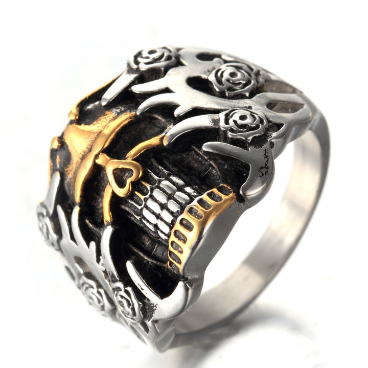 Two-Tone Gold Inlaid Rose Skull Vintage Ring, S925 Silver Antiqued Dark Biker Wide Band For Men