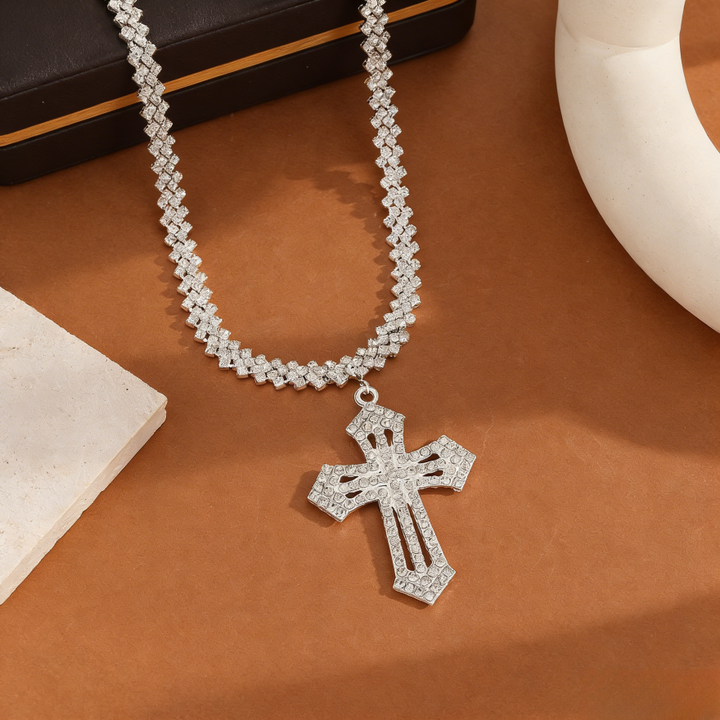 Full-Pavé Cross Pendant V-Shape Tennis Chain Necklace (Silver Tone Evening Jewelry)