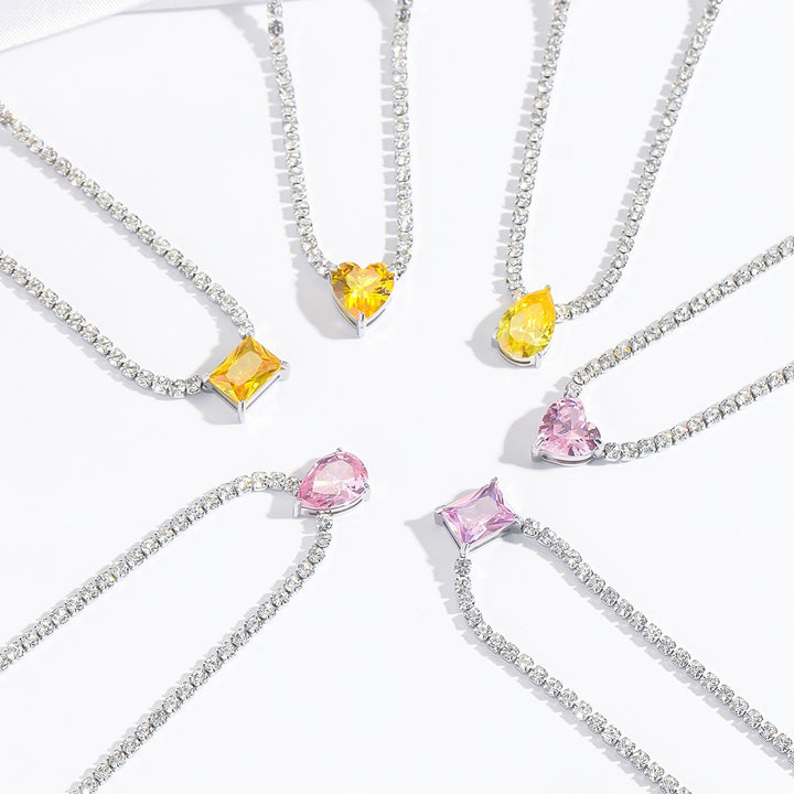 Multi-Cut Colored Diamond Tennis Necklace, Luxury Full Pave Clavicle Chain (6 Styles)