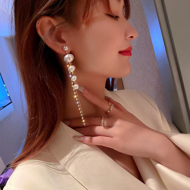 Graduated‑Pearl Long Tassel Drop Earrings, Silver & Gold Two‑Tone Options