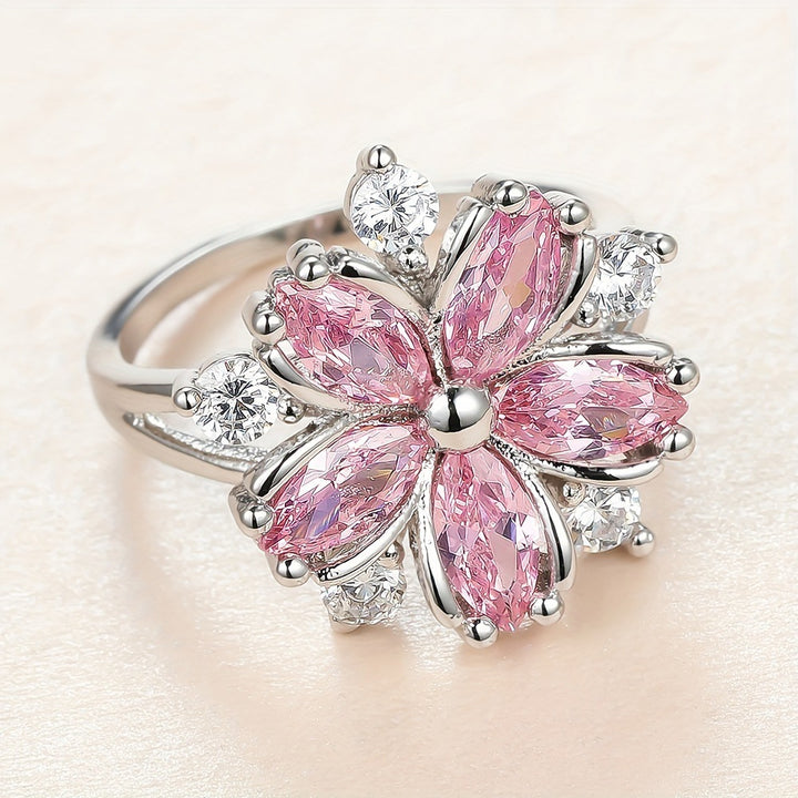 Cherry Blossom Marquise Diamond Ring, Floral Ring with Pink & Clear Stones Two Colors Available