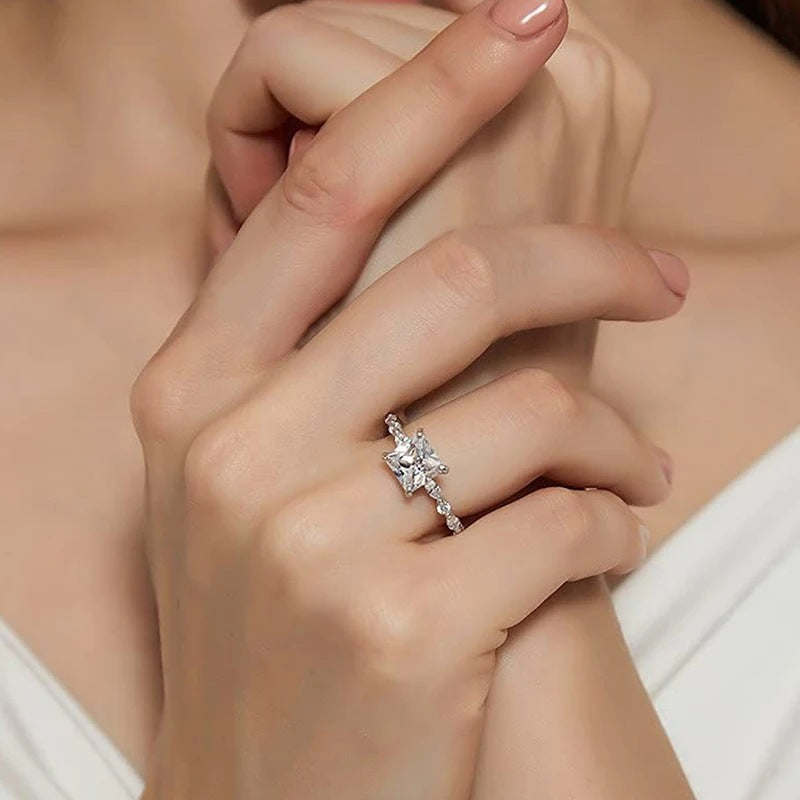 Princess Cut Four-Prong Diamond Ring, Marquise Accent Stone Slim Shank Luxury Engagement Ring for Women