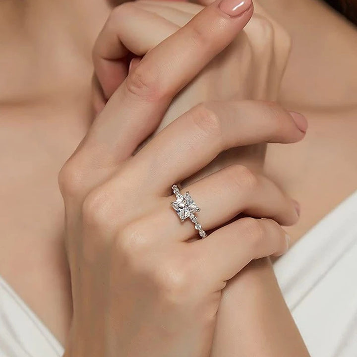 Princess Cut Four-Prong Diamond Ring, Marquise Accent Stone Slim Shank Luxury Engagement Ring for Women