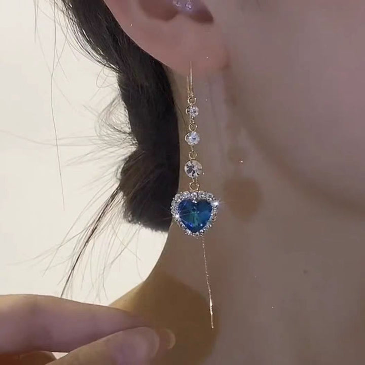Gradient Blue Heart Diamond Long Threader Earrings, Vintage Dangling Heart Earrings with S925 Silver