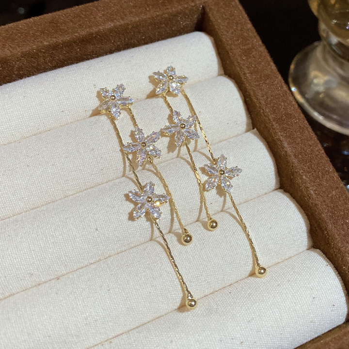 Three Diamond Flower Double Layer Tassel Stud Earrings, Floral Long Drop Gold Dainty Fairy Dangle Jewelry