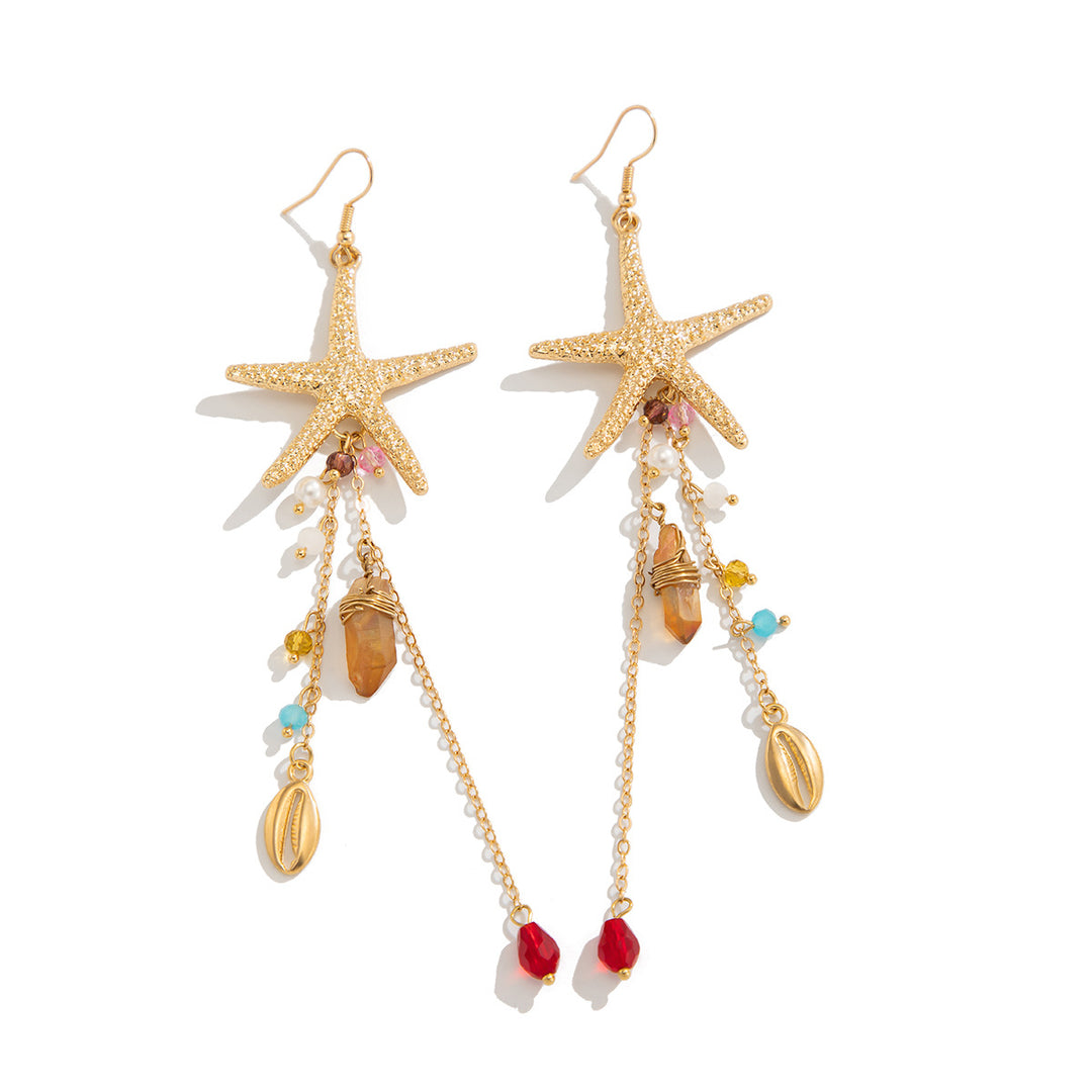 Coastal Vacation Starfish Shell Tassel Long Drop Earrings, European Vintage Ocean Series Multi-style Holiday Earrings for Women