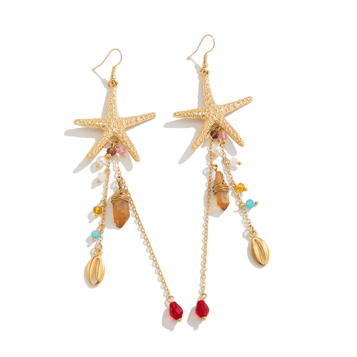 Coastal Vacation Starfish Shell Tassel Long Drop Earrings, European Vintage Ocean Series Multi-style Holiday Earrings for Women