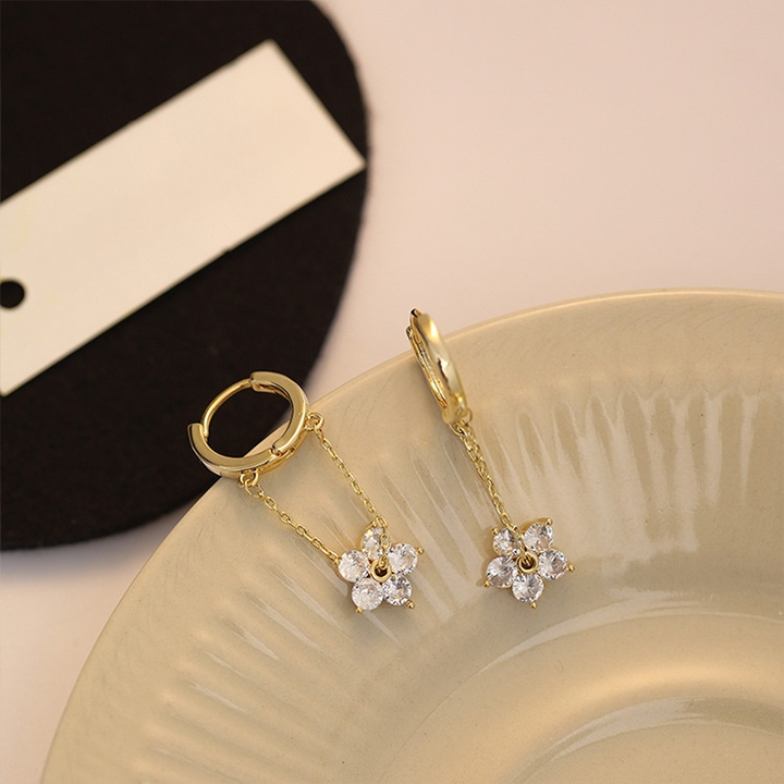 Diamond Flower Drop Huggie Hoop Earrings (2 Colors Delicate Dangle Earrings)
