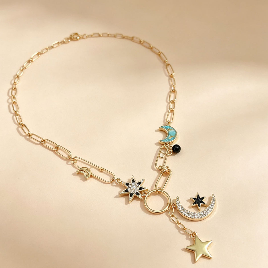 Gold Paperclip Chain Necklace With Multi Moon & Star Charms
