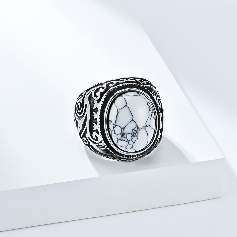 Vintage Scroll Pattern Oval Gemstone Signet Ring, S925 Silver Silver & Matte Black Two Tone Men Wide Band with Tiger Eye, Howlite, Crack Stone