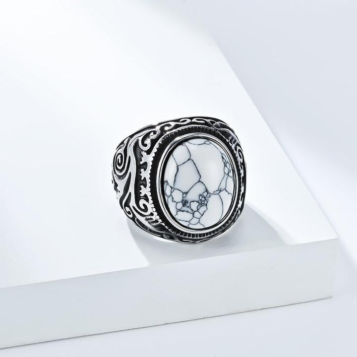 Vintage Scroll Pattern Oval Gemstone Signet Ring, S925 Silver Silver & Matte Black Two Tone Men Wide Band with Tiger Eye, Howlite, Crack Stone