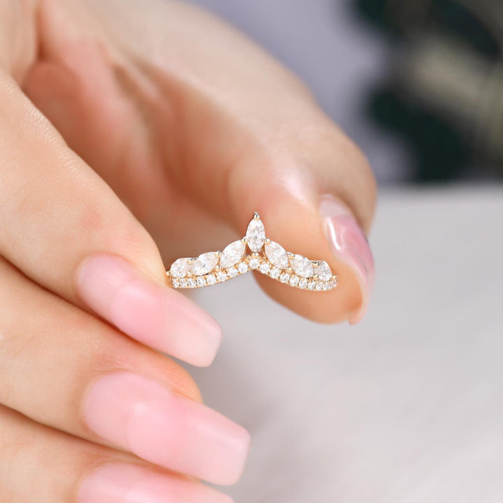 V-Shape Marquise Diamond Hollow Ring, Gold & Silver Tone Luxury Ladder Crystal Slimming Band