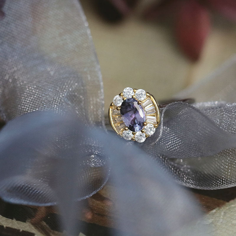 Oval Purple‑Diamond Halo Two‑Tone Vintage Ring