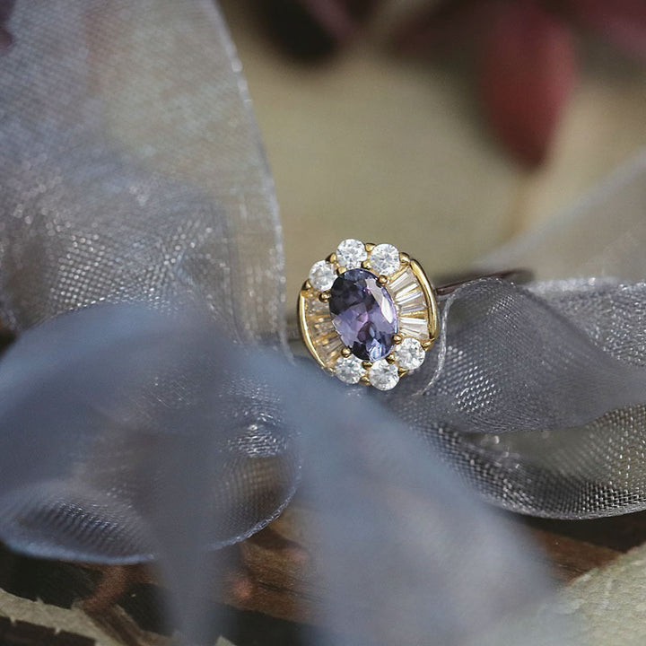 Oval Purple‑Diamond Halo Two‑Tone Vintage Ring
