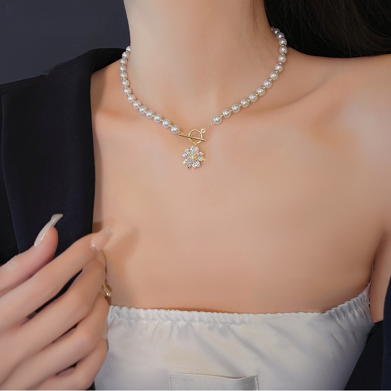 Pearl Beaded Pave Diamond Cherry Blossom OT Clasp Collarbone Necklace, Gentle Girly French Floral Pearl Chain
