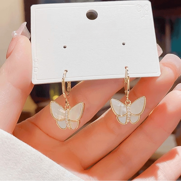 Light Luxury Enamel & Shell Butterfly Hoop Earrings, Delicate Paved Diamond Dainty Gold Dangle Earrings for Women