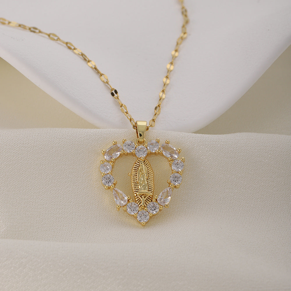 Heart Diamond Virgin Mary Pendant Necklace, Dainty Religious Heart Necklace