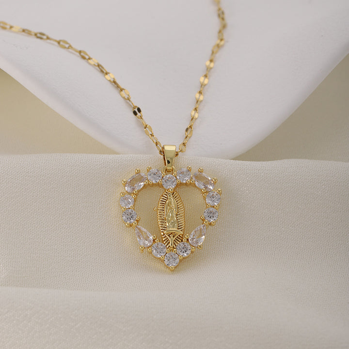 Heart Diamond Virgin Mary Pendant Necklace, Dainty Religious Heart Necklace