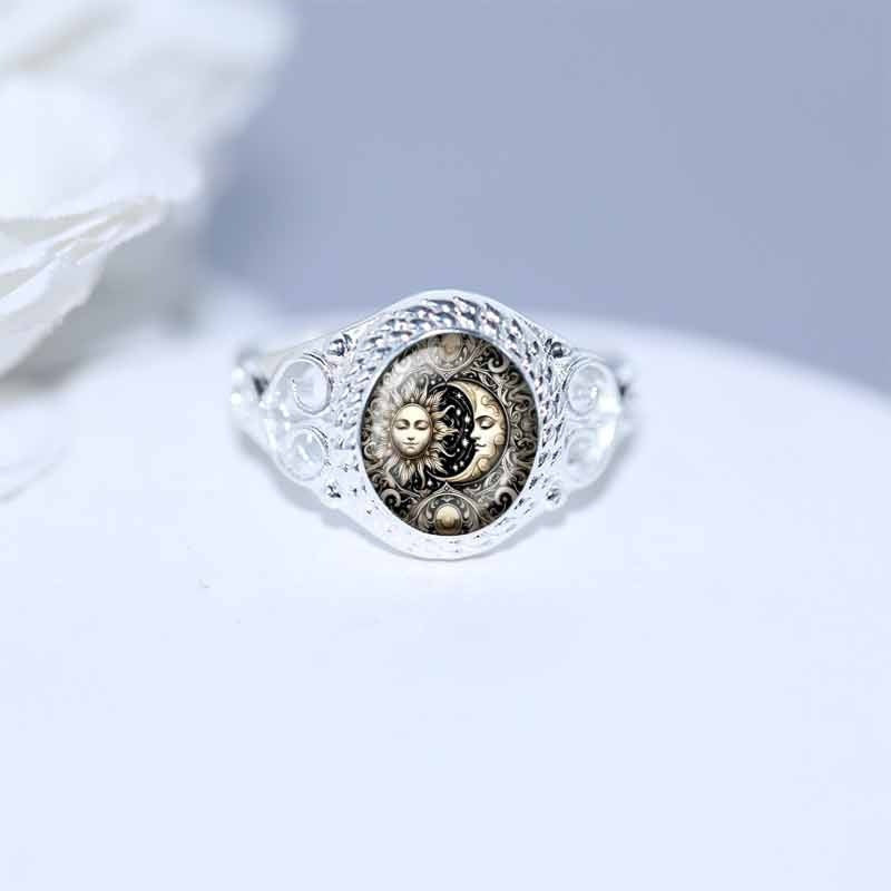 Vintage Sun‑Moon Print Open‑work S925 Sterling Silver Ring