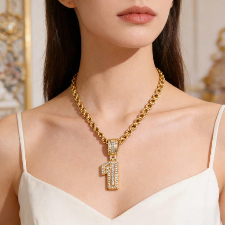 Iced-Out Number Pendant Necklace (Gold Tone Hip-Hop Style Twisted Chain)