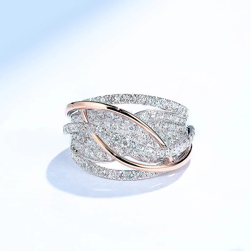 Two-Tone Intertwined Pave Diamond Wide Ring, S925 Silver Multi-Layer Crossing Statement Band For Women