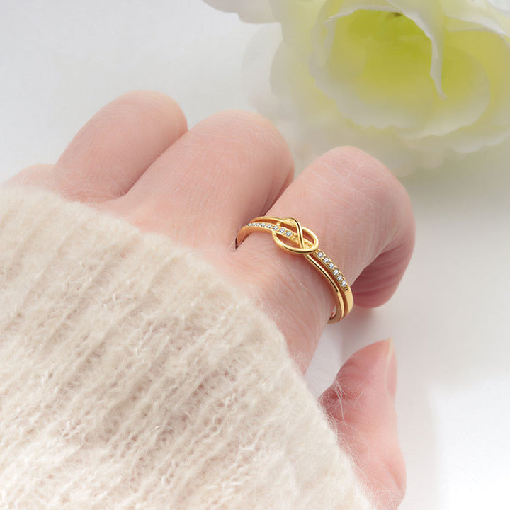 Infinity Knot Paved Thin Ring, Three-Tone Gold Silver Rose Gold Minimalist Luxury Daily Band