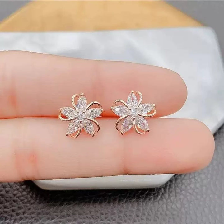 Hollow 5-Petal Flower Diamond Stud Earrings, Marquise Stone Floral Earrings, Gold & Silver Tone Minimal Flower Studs