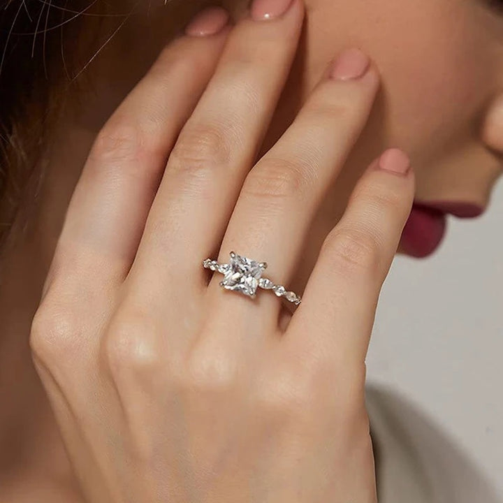 Princess Cut Four-Prong Diamond Ring, Marquise Accent Stone Slim Shank Luxury Engagement Ring for Women